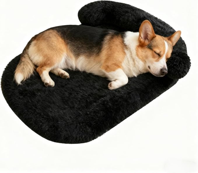 Orthopedic Dog Bed with Egg-Crate Base, Calming Dog Beds Fluffy Plush Faux Fur with Raised Edges, Spine Friendly Pet Sleeping Mat for Medium Large Dogs, Machine Washable (Oval, Black 32"x24")