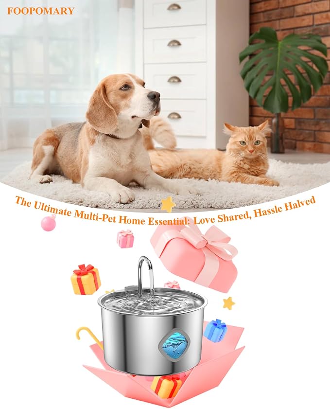 Cat Water Fountain Stainless Steel with 12 Filters Kit [3.2L/108oz] Automatic Water Dispenser with LED Water Level Window, Easy to Clean Metal Pet Drinking Fountain for Kitty to Large Cats Indoor