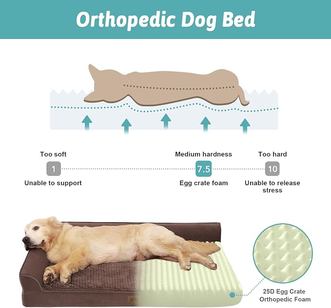 COZY KISS Orthopedic Dog Bed for Large Size Dog, XL Dogs Crate Bed, L Shaped Foam Anti-Slip Bottom Pet Cat Sofa with Washable Removable Cover, Suitable for Pet Up to 100 lbs, 42x30x7.5 inch, Brown