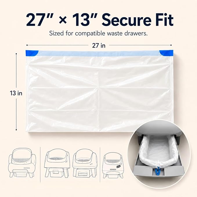 60 Count Automatic Cat Litter Box Liners with Drawstring, Heavy Duty Waste Drawer Bags Compatible with Neakasa M1, CATLINK Open-X & PetPivot AutoScooper 11/12, 27" x 13"