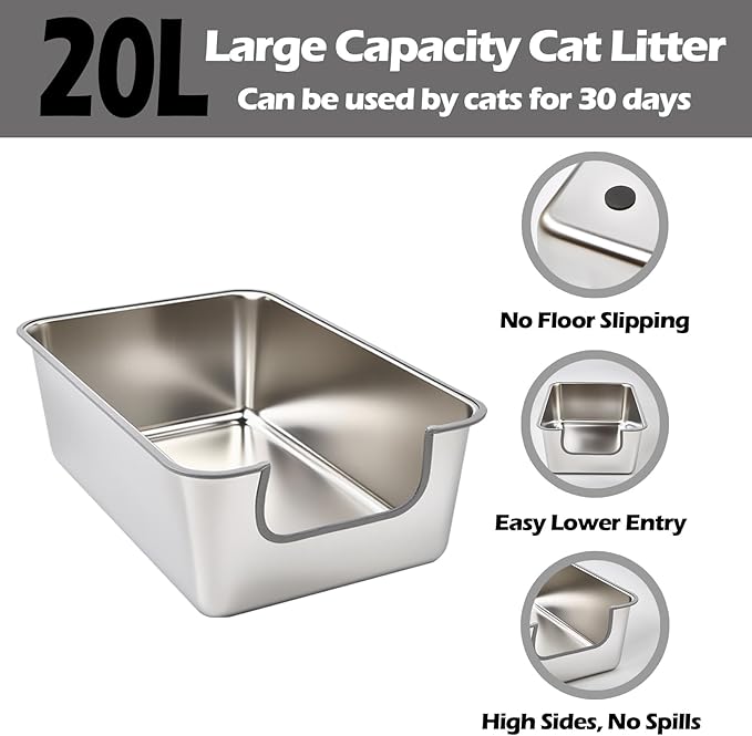 Stainless Steel Cat Litter Box,Jumbo XL Extra Large Mental Cat Litter Pan with High Sides Lid,Low Entry for Indoor Big Cats,Non Sticky,Easy to Clean,Anti-Urine Leakage
