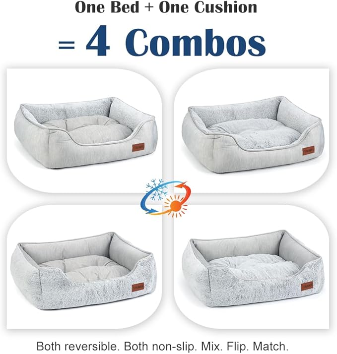 Small Dog Bed for Dogs with Cool to Touch Fabric， Soft Calming Cat Beds for Indoor Cats， Reversible Square Pet Bed for Puppy, Machine Washable Non-Slip Bottom S