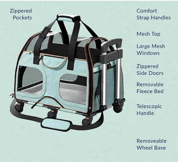 Airline Compliant Pet Carrier with Removable Wheels and Telescopic Handle