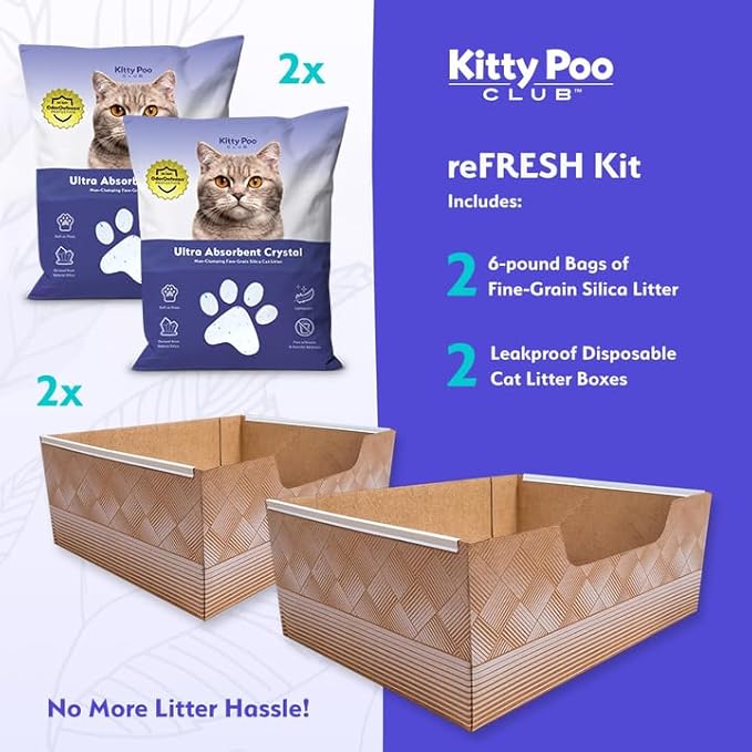 Kitty Poo Club Disposable Cat Litter Box 2-Pack with 2 Bags Fine-Grain Silica Litter (6 lbs Each), Patented Leak-Proof Design, 2 Months Odor Control, Made in USA, Perfect for Travel & Multi-Cat Homes