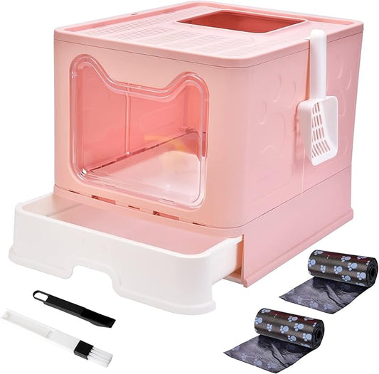 Cat Litter Box Foldable Portable Cat Litter Pan with Lid,Top Entry Litter Box Large Covered Cat Litter Box for Travel with Cat Litter Scoop,Brush and Garbage Bag