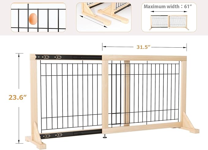 Extra Wide Freestanding Dog Gate, Adjustable Width 31.5"–61", 23.6" Tall Indoor Pet Gate for Kitchen, Living Room & Stairs, Wooden Metal Frame No-Drill Pet Barrier