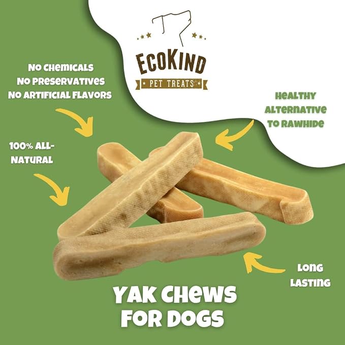 EcoKind Yak Cheese Himalayan Dog Chews, Yak Chews for Large Dogs, Long Lasting Bone for Aggressive Chewers, 4 Ingredients, Natural High Protein Dog Treats, No Additives, Peanut Butter, Large - 3 Chews