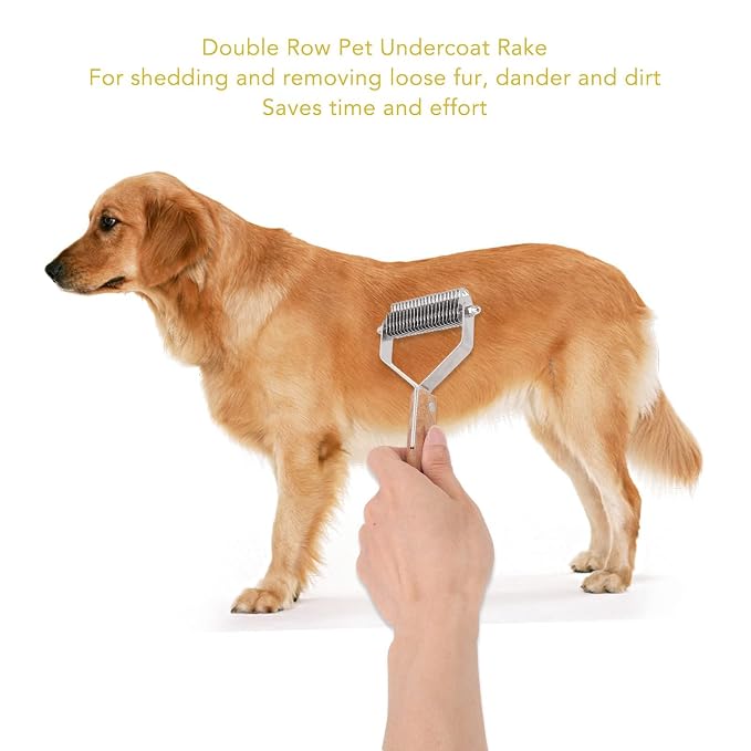 Premium Pet Undercoat Rake, Double Row Wood Handle Dog Hair Shedding Brush for Grooming Cats and Dogs, Removes Knots and Loose Fur, Promotes Skin and Shiny Coat