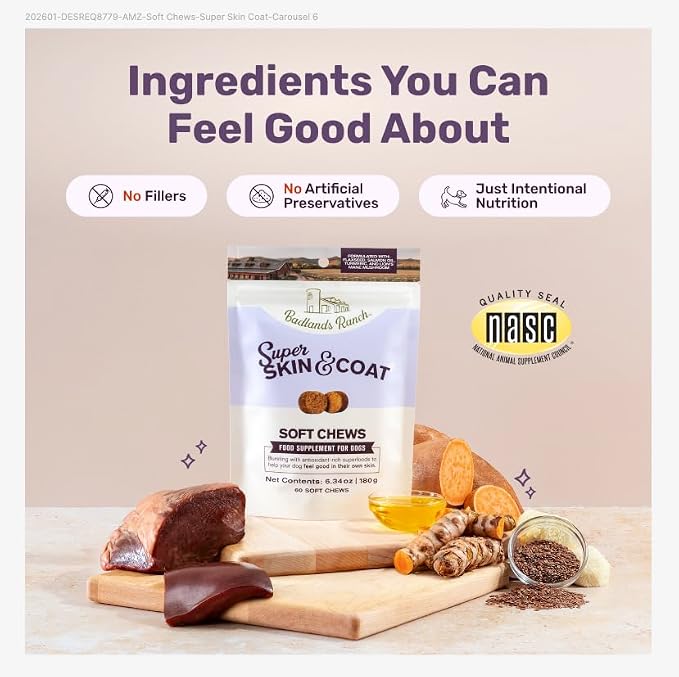 Badlands Ranch Super Skin & Coat Soft Chews for Dogs – Antioxidant-Rich Superfoods with Flaxseed, Salmon Oil, Turmeric & Lion’s Mane Mushroom – 60 Soft Chews