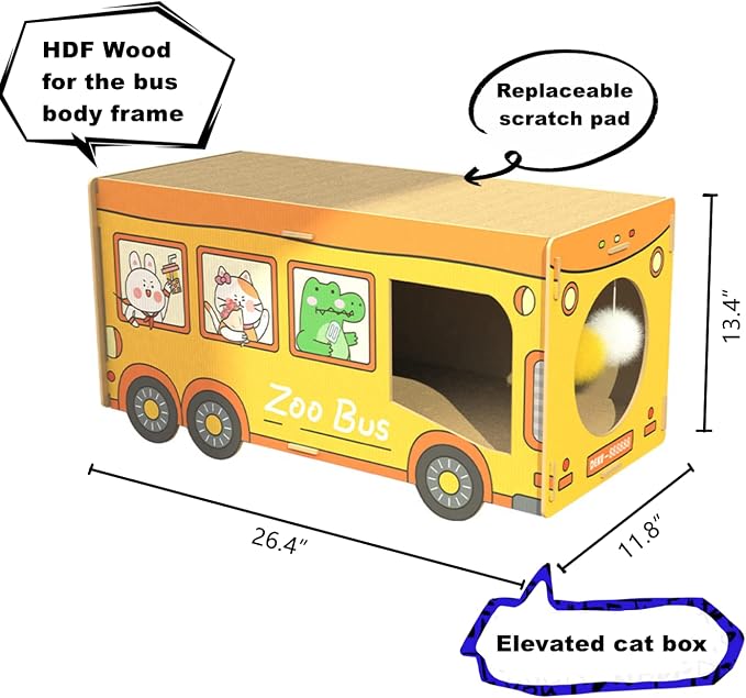 SHENGOCASE Wooden Jumbo 26.4" x 11.8" Extra Large Bus Shaped Cat Scratcher House for Maine Coon, Cardboard Cat House with Scratching Pad
