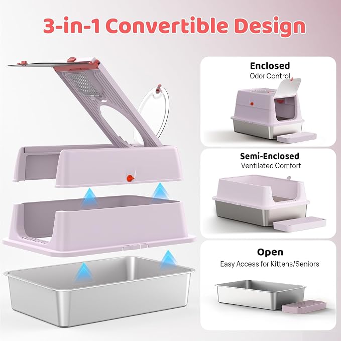 Stainless Steel Cat Litter Box with Lid, 180° Flip Top Kitty Litterbox, XL High Sided Enclosure Litter Pan for Big Cats, Front & Top Entry, Anti-Leakage, Odor-Free, Includes Scoop Mat, Purple Pink