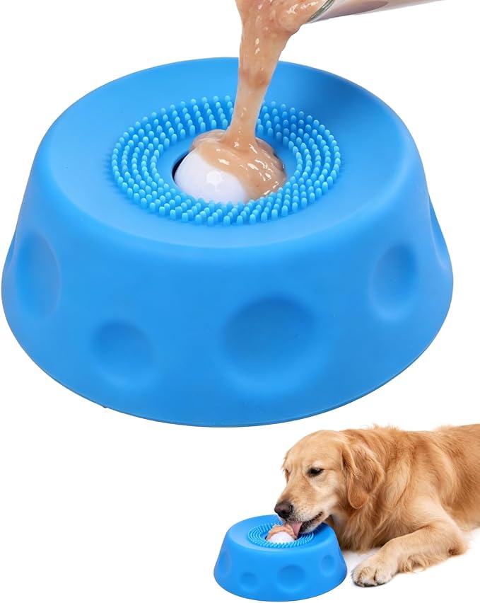 Slow Feeder Dog Bowl with Rolling Ball, Interactive Lick Bowl for Dogs & Cats, Anti-Slip Silicone Lick Mat for Liquid Treat, Wet Food, Bone Broth, Enrichment Toy for Small Medium Large Dogs