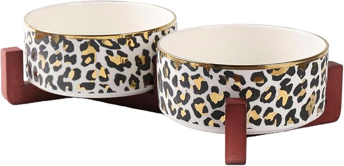 Dog Bowl Set with Wood Stand, Non-Slip Anti-Tip Elevated Design, Double Ceramic Animal Food Water Cat Bowls, Suitable for Large/Medium Sized Dog Pet Feeder Dish Station - 32 OZ,White Leopard Print