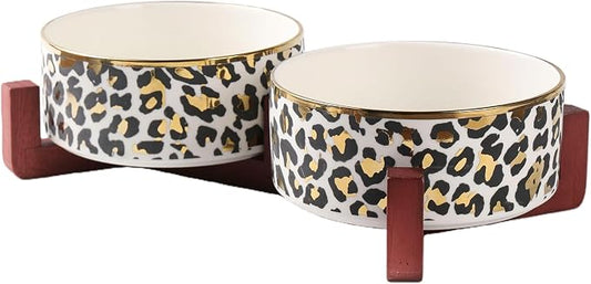 Dog Bowl Set with Wood Stand, Non-Slip Anti-Tip Elevated Design, Double Ceramic Animal Food Water Cat Bowls, Suitable for Large/Medium Sized Dog Pet Feeder Dish Station - 32 OZ,White Leopard Print