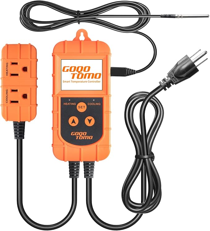 GOQOTOMO Smart Temperature Controller Thermostat Heating and Cooling Mode for Homebrew Fermenter Greenhouse Terrarium 100-240VAC NTC Sensor Improved Version