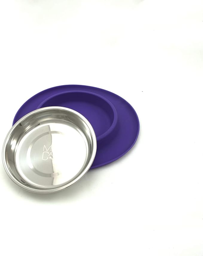 Messy Cats Single Silicone Feeder with Stainless Saucer Shaped Bowl | Anti-Slip Non-Skid Cat Food Bowl | One Cat Bowl in Feeding/Water Station | 1.75 Cups (Purple)