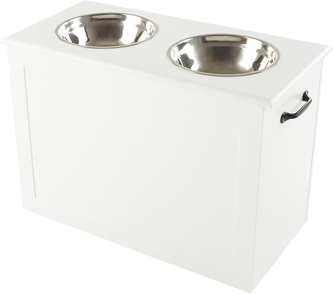 Elevated Dog Bowls with Storage - 16-Inch-Tall Feeding Tray with Hidden Storage Space for Pet Supplies - 50oz Capacity Bowls by PETMAKER (White)