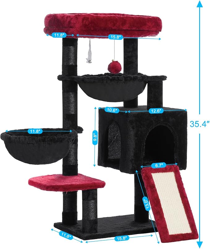 Hey-brother Gothic Cat Tree, Cat Tower for Indoor Cats, Cat House with Large Padded Bed, Cozy Condo, Hammocks, Sisal Scratching Posts, Big Scratcher, Black and Red MPJ006SBR