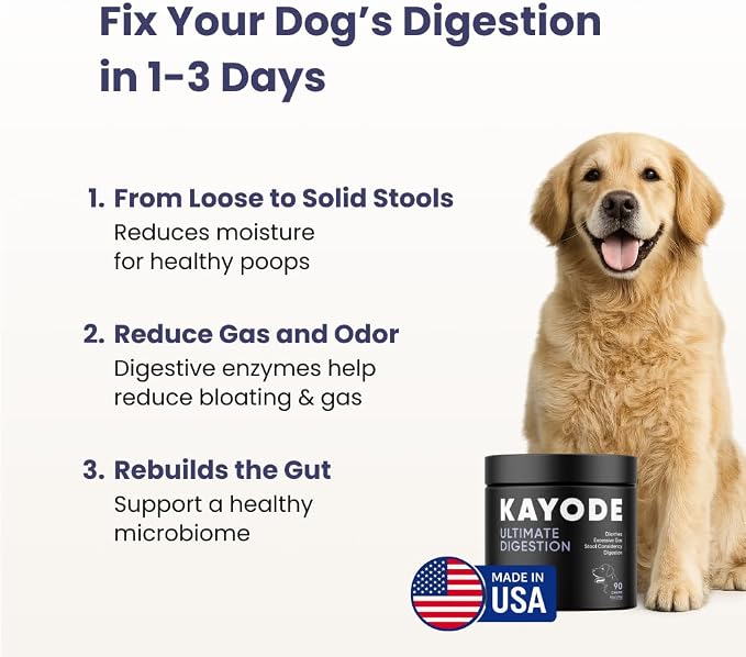 Kayode Ultimate Digestion. Fast Facting Anti Diarrhea for Dogs. Dog Fart Remedy & Dog Gas Relief. Natural Nutrients for Healthier, Firmer Stools. Pumpkin & Digestive Enzymes for Dogs.
