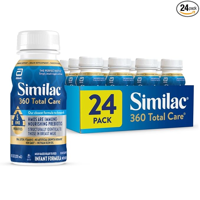 Similac 360 Total Care Infant Formula, Has 5 HMO Prebiotics, Our Closest Prebiotic Blend to Breast Milk, Non-GMO, Baby Formula, Ready to Feed, 8-fl-oz Bottle, Pack of 24