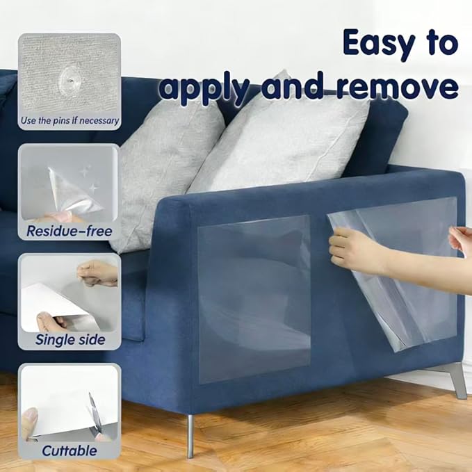 Cat Scratch Furniture Protector 12 Pack with 50 Pins — 0.15mm Thick Sheets, Dual-Size 8×(17"x12") + 4×(17"x6"), Clear Anti Scratch Deterrent for Couch Sofa, Residue-Free MSDS Safe