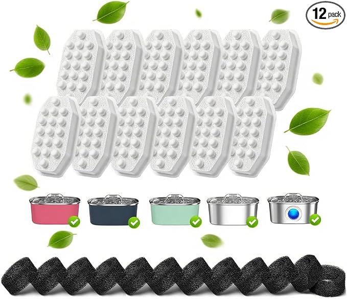 24 Pcs Cat Water Fountain Filters,12 Pack Cat Water Fountain Replacement Filters & 12 Pack Pre-Filter Sponges,Fountain Filter Replacement for Rellaty and Neareal 108oz/3.2L Pet Stainless Fountain
