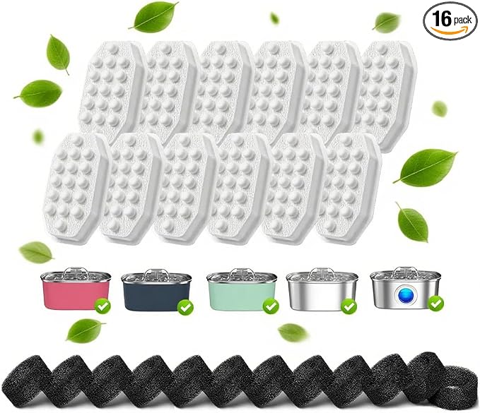 32 Pcs Cat Water Fountain Filters,16 Pack Cat Water Fountain Replacement Filters & 16 Pack Pre-Filter Sponges,Pet Fountain Filter Replacement for 3.2L/108oz Stainless Steel Fountain