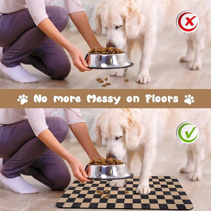 Dog Food Mats for Floors Waterproof, Pet Water Bowl Mats Pet Feeding Absorbent Placemats Plaid 16 * 24 inch
