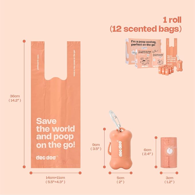 Deo Doo Dog Poop Bags with Handles 9 Rolls 108 Counts Big Sizes Leak Proof and Extra Thick Waste Bags Refill Rolls for Walking Small Medium Large Dogs Cats Litter With Holder Peach Scented