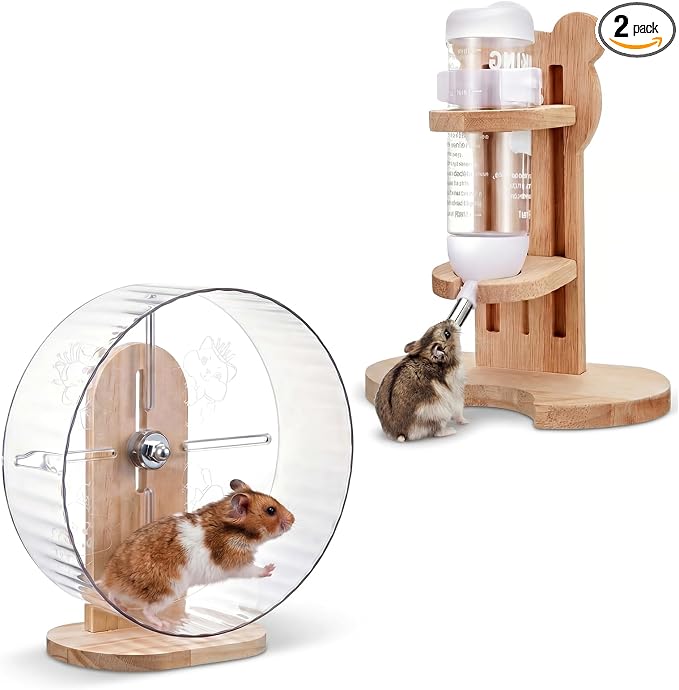 Silent Transparent Hamster Wheel with Cork Lining, 9.5 Inch Quiet Exercise Wheel for Dwarf Syrian Hamsters, Gerbils, Stable Small Animal Spinner Cage Accessories with Water Bottle Stand(M)