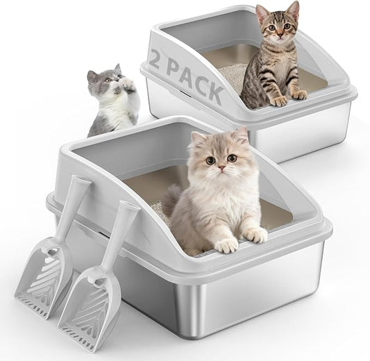 2 Pack Stainless Steel Litter Box | Metal Kitty Litter Box with Lid High Sided for Small Cats or Injured Cats, Bunny Litter Boxes, Low Entry, Odor-Free, Non-Stick,Includes Scoop