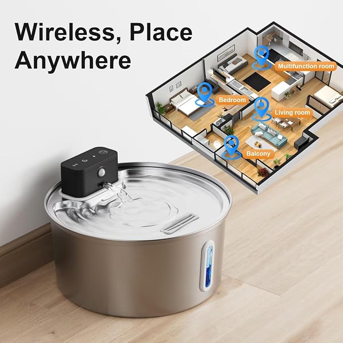 Casfuy PWL-008 Wireless Smart 3-Mode Stainless Steel Cat Water Fountain, 108-oz