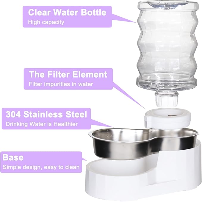 RIZZARI 4L Gravity Pet Water Dispenser with Stainless Steel Bowl – Activated Carbon & Ion Exchange Filter for Urinary Health, Automatic Flow, for Cats & Small Dogs in Apartments or Single-Pet Homes