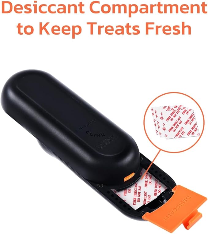 Clink Design 2-in-1 Puppy Essentials, Dog Training Clicker & Treat Carrier, Durable Food-Grade ABS, Treat Carrier with Desiccant Compartment, Compact & Lightweight Dog Stuff for Dogs - Black & Orange