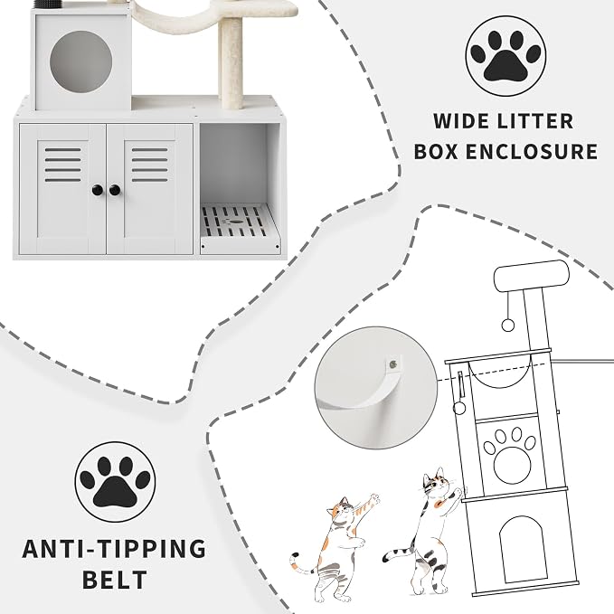 Garvee 55-Inch Litter Box Enclosure with Cat Tree, 2-in-1 Modern Large Cat Tower for Indoor Cats with Condo/Hammock/Scratching Post/Plush Perch/Caves, Wooden Hidden Litter Box Furniture, White
