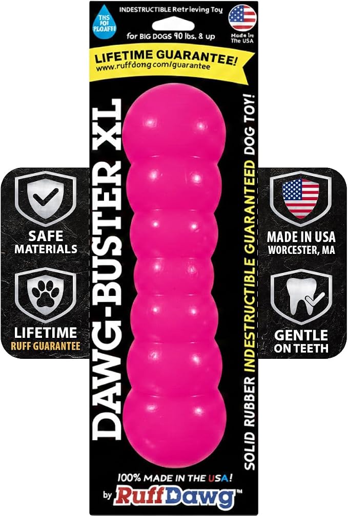 Ruff Dawg Indestructible Dawg-Buster XL Pink – Heavy-Duty Solid Rubber Dog Chew Stick for Dogs Under 40 lbs – Floats & Bounces – Made in USA