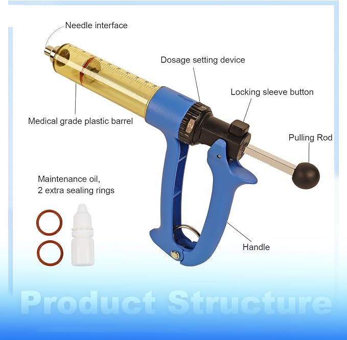 50ML Semi Automatic Livestock Syringe, 5 Gears Dose Accurate Adjustment Cattle Vaccine Gun, Continuous Repeating Luer Lock Veterinary Syringe for Cow Goat Hog Sheep
