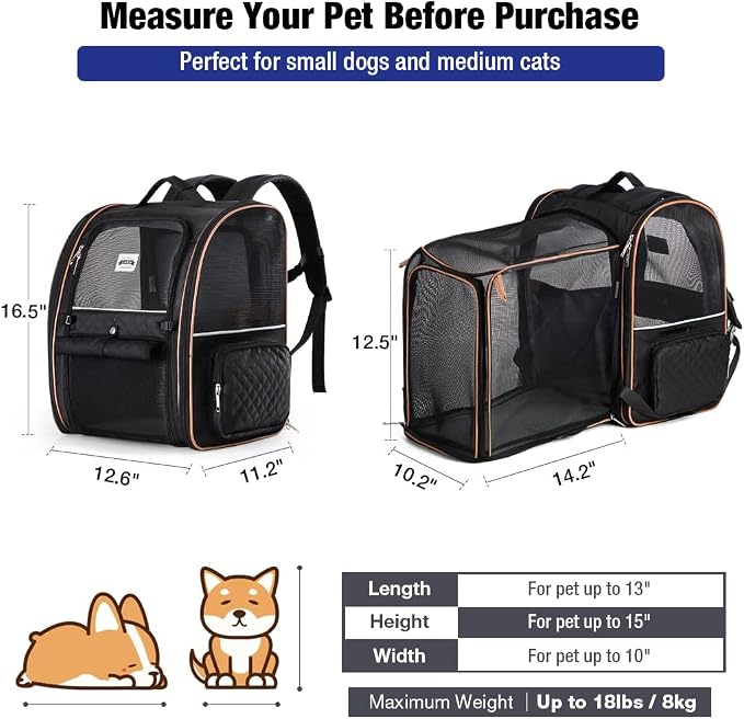 Large Cat Backpack Carrier Expandable Pet Carrier Backpack for Small Dogs Medium Cats Fit Up to 18 Lbs, Dog Backpack Carrier, Foldable Puppy Backpack Carrier for Travel, Black