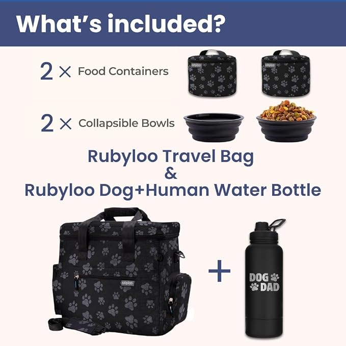 Rubyloo Original Doggy Bag (Paw Print) & 32oz Insulated Water Bottle with Attached 8oz Bowl (Dog Dad) – Dog Travel Bag & Hydration Set