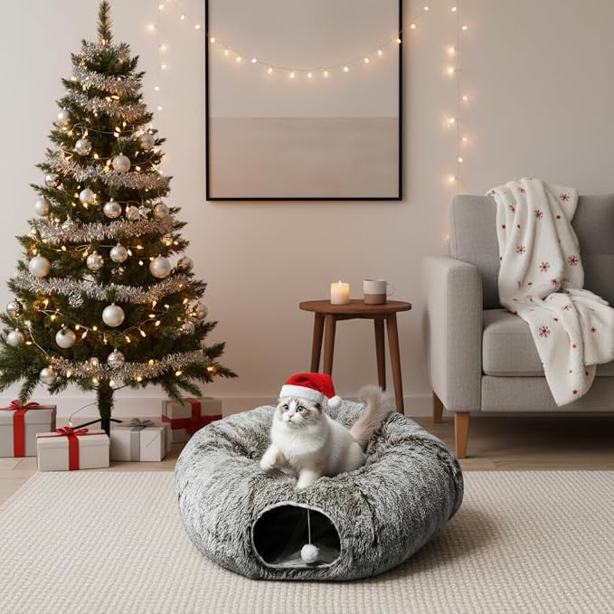 AUOON Cat Tunnel Bed for Indoor Cats - Large Cat Donut Tunnel with Hanging Ball Toy, Collapsible 2-in-1 Multifunctional Interactive Cat Toy for Kitten, Puppy, Rabbit, Ferret (Brown)