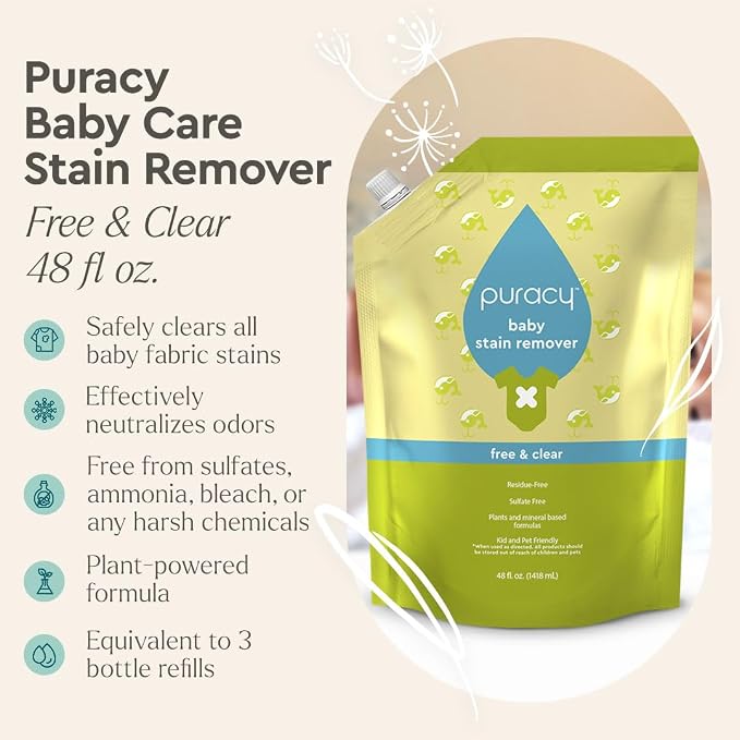 Puracy Natural Baby Stain Remover Bundle - Enzyme-Powered Stain and Odor Eliminator, Fragrance Free Cleaning Spray, Non-Toxic Clothes Stain Remover Spray, 16oz Bottle & 48oz Refill Set