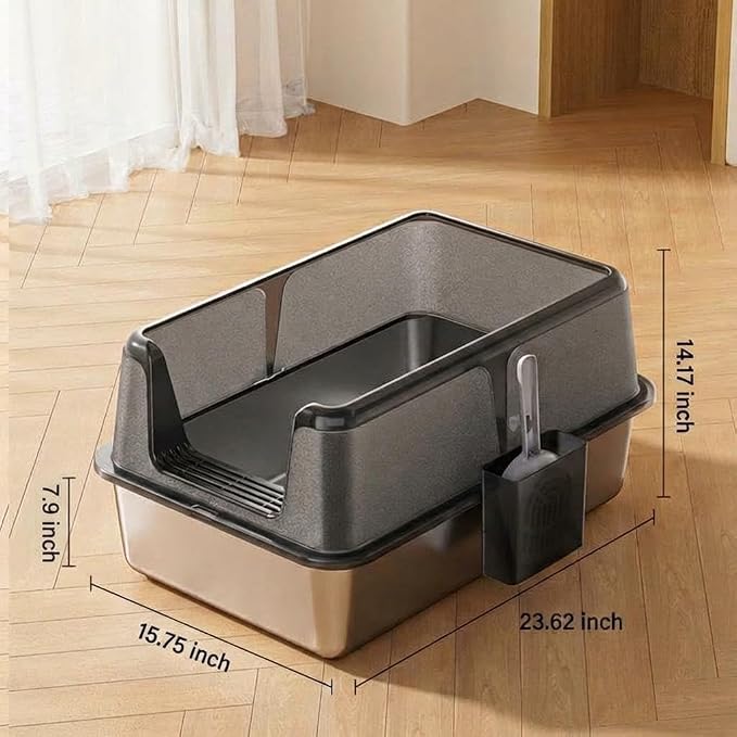 Stainless Steel Cat Litter Box, XL Enclosed Metal Litter Box with Lid & Side Litters Filter, Anti-Leak Non-Stick Design, Includes Scoop for Large Cats 8'' Deep Black
