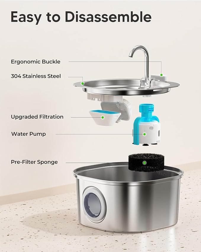 PEKTACO Stainless Steel Cat Water Fountain, 3.2L/108oz Cat Water Dispenser with Quiet Water Pump, Dishwasher Safe Pet Drinking Fountain for Cats
