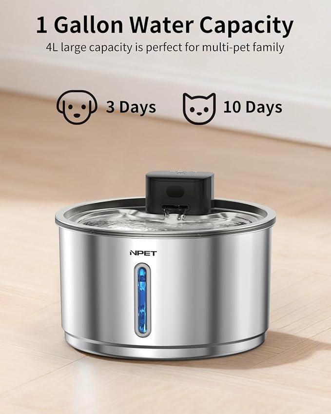 NPET Stainless Steel Wireless Cat Fountain, 1Gallon/135oz Battery Operated Automatic Pet Drinking Fountain - Cordless Dog Water Dispenser with 8 Replacement Filters for Cats Indoor