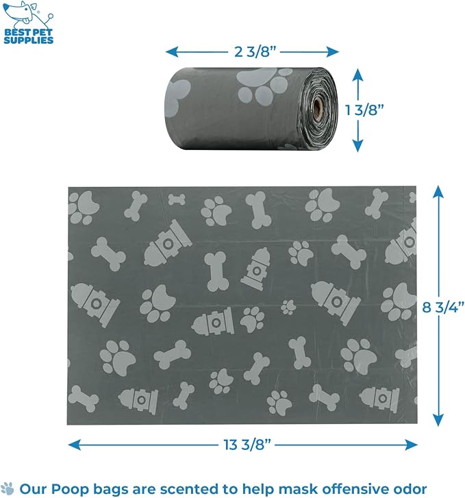 Best Pet Supplies Dog Poop Bag Holder Leash Attachment with 30 Bags, Reusable Dispenser for Travel, Walking, Park, and Outdoor Use, Durable with Clip-On - Gray, Pack of 2