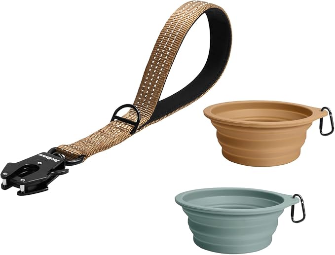 PetBonus Heavy Duty 12 Inch Short Dog Leash and 2-Pack Large Silicone Collapsible Dog Bowls