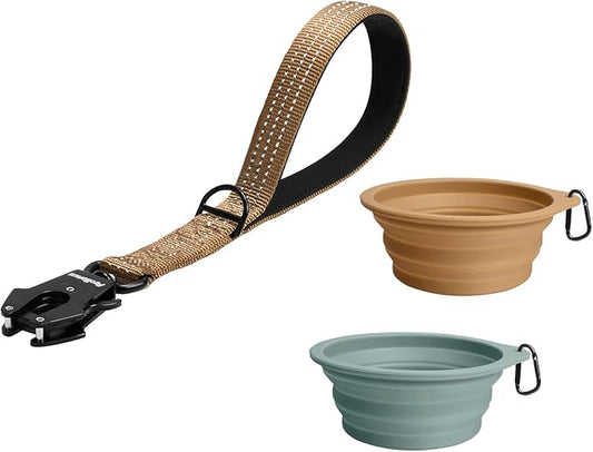 PetBonus Heavy Duty 12 Inch Short Dog Leash and 2-Pack Large Silicone Collapsible Dog Bowls