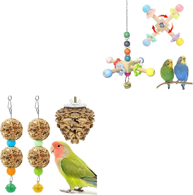 2pcs Bird Spinner Toys for Parrots and Parakeet Treat Sticks, Natural Wood Parakeet Toys with Bells and Natural Honey Snacks for Cockatiel, Conure, Lovebird, Budgie, Quaker