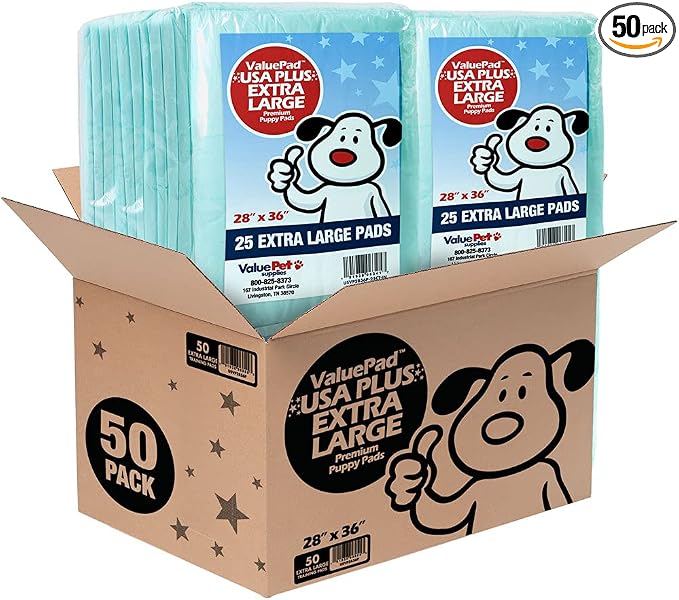 ValuePad USA Plus Puppy Pads, Extra Large 28x36 Inch, 50 Count - Premium Puppy Pee Pads for Dogs, Tear Resistant, Super Absorbent Polymer Gel Core, 5-Layer Design