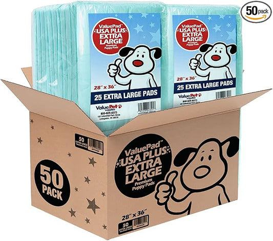 ValuePad USA Plus Puppy Pads, Extra Large 28x36 Inch, 50 Count - Premium Puppy Pee Pads for Dogs, Tear Resistant, Super Absorbent Polymer Gel Core, 5-Layer Design